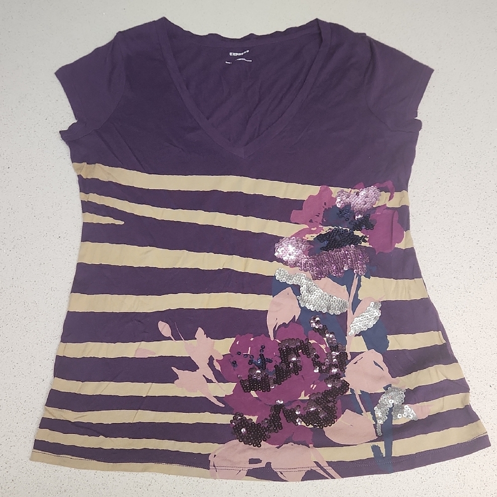Express Purple Floral Striped Women's Top